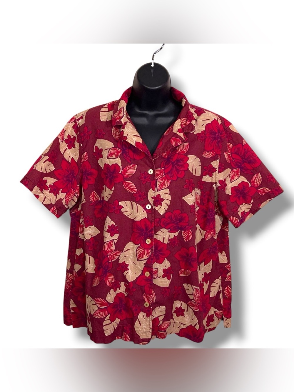 Vintage 16w Classic Elements Burgundy Red Beige Tropical Shirt Womens Hawaiian